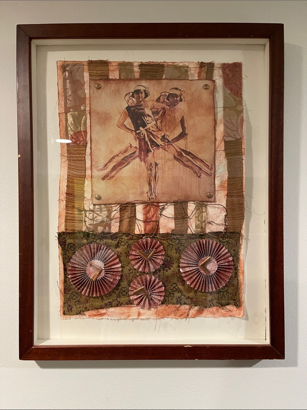 Framed Textile Mixed-Media Wall Art in Olive Green and Dusty Rose